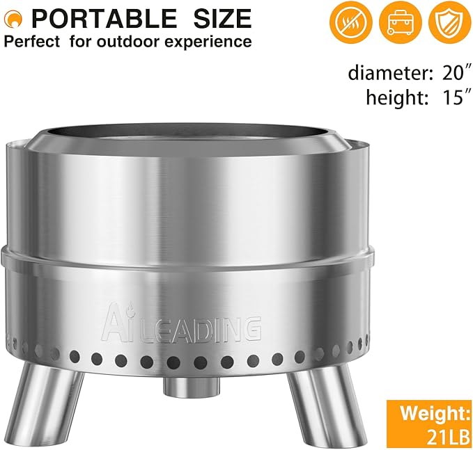 20 Inch Smokeless Fire Pit with Removable Ash Pan, Fire Pits for Outside Wood Burning, Portable Bonfire Outdoor Firepit, Bag & Poker Included, Stainless Steel (Silvery- with Legs-Fire Pit)