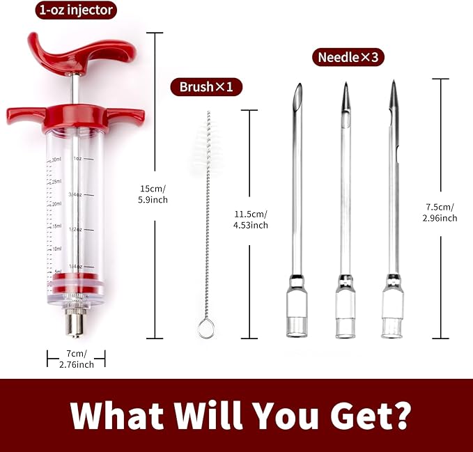Turkey Meat Injector Syringe Kit with 3 Marinade Needles for BBQ Grill Smoker, 1 Cleaning Brush, 1 Oz/30 ml Large Capacity Injector Marinades for Meats Red