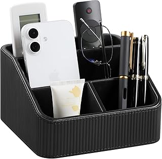 Remote Control Holder with 4 Compartments, PU Leather Small Nightstand Organizer for Home Desk Accessories Office Supplies, Multifunctional Stylish Small Bedside Desktop Organizers (Black)