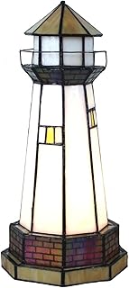 Bieye L10626 Lighthouse Tiffany Style Stained Glass Accent Table Lamp Night Light for Home Decoration (6x6x12, Orange)