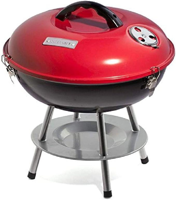 Cuisinart 14" Portable Charcoal Grill, Tabletop Outdoor Small Grill with Locking Lid and Dual Vents, Chrome Plated Travel Size BBQ Perfect for Camping, Tailgates, Cookouts, Red