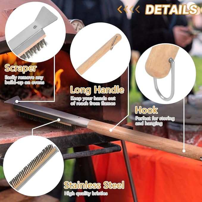Aolso Pizza Oven Brush, 26" Brush and Stainless Steel Scraper for Pizza Stone, BBQ Grill Cleaning Brush Non Scratch Heat Proof Stainless Steel Bristles with Screwdriver for Pizza Oven Accessories