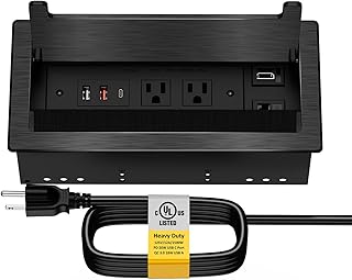 Kungfuking Conference Table Power Hub, Outlet Multimedia Connectivity Box with 1 HDMI + 1 RJ45 + 20W USB C + 2 USB A + 2 AC Outlets, Heavy Duty Metal Table Top Box for Countertop Office UL Listed