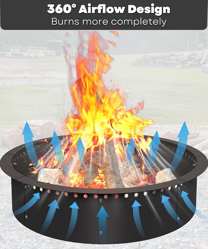 28 Inch Smokeless Fire Pit Ring Insert Outdoor, Heavy Duty Metal Steel DIY Firepit Rim Liner Round Campfire Rings for Outside Wood Burning Above or In-Ground, Black
