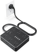 Flat Plug Power Strip, AOFO 5 Ft Extension Cord with 12 Outlets & 6 USB Ports (4 USB-A, 2 USB-C), Integrated Overload Protection, Ideal for Home, Office, Dorm, Large Spaces, Reliable and Safe, Black