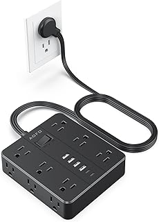 Flat Plug Power Strip, AOFO 5 Ft Extension Cord with 12 Outlets & 6 USB Ports (4 USB-A, 2 USB-C), Integrated Overload Protection, Ideal for Home, Office, Dorm, Large Spaces, Reliable and Safe, Black
