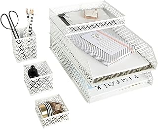 BLU MONACO | White Desk Organizer Set | 6 Piece Metal Desk Organizer with Pen Cup, Accessory Trays, and Letter Trays | Desk Organizers and Accessories for Office