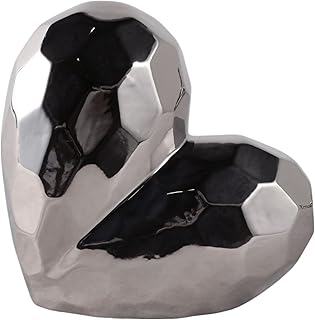 Decorative Ceramic Heart Sculpture for Home Decor - Ornament for Bathroom, Office, and Living Room Decor - Modern Figurine Accent for Bedroom, Shelf Display, and Coffee Table - 8", Silver & Metallic