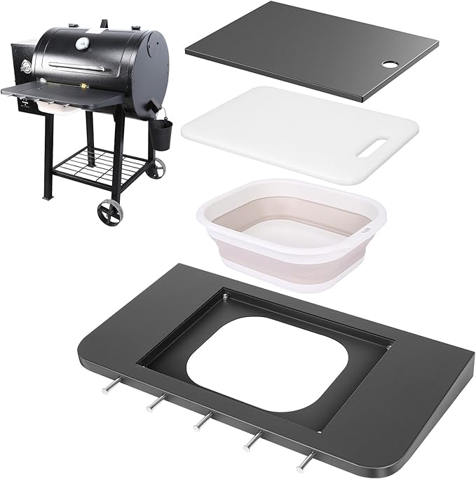 Front Folding Grill Shelf for Pit Boss 700DX, 700FB, 700FB2 & 800FB2, 23.6" × 12.2" Prep Station with Foldable Basin 4-Layer Steel Build, Cutting Board & 5 Hooks,Cover-Friendly Design (Not for 700FB1)