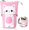 Telescopic Pencil Pouch Standing Pen Holder Cute Pencil Bags Stand Up Pen Case Cartoon Pencil/Pens Storage Box Canvas+PU Stationery Organizer Makeup Bag with Zipper Closure (Pink)