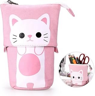 Telescopic Pencil Pouch Standing Pen Holder Cute Pencil Bags Stand Up Pen Case Cartoon Pencil/Pens Storage Box Canvas+PU Stationery Organizer Makeup Bag with Zipper Closure (Pink)