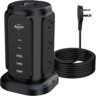 AiJoy Power Strip Tower with 9 AC Outlets 5 USB Ports (2 USB C) 6.5FT Flat Plug Extension Cord 1200J Surge Protector Tower Outlet Extender Power Tower for Home Office Dorm Room