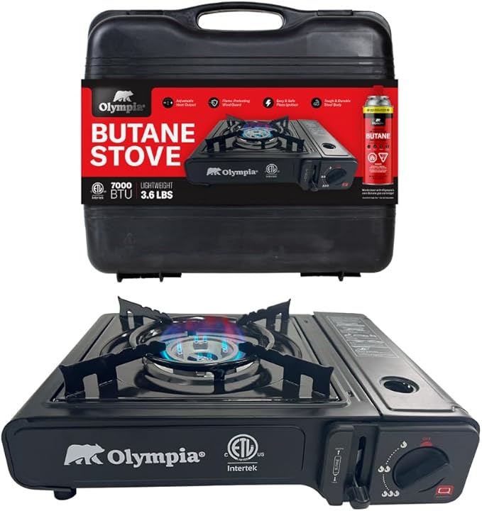 Olympia Outdoor Camping Stove - 7,000 BTU Butane Burner, Piezo Ignition, Carry Case