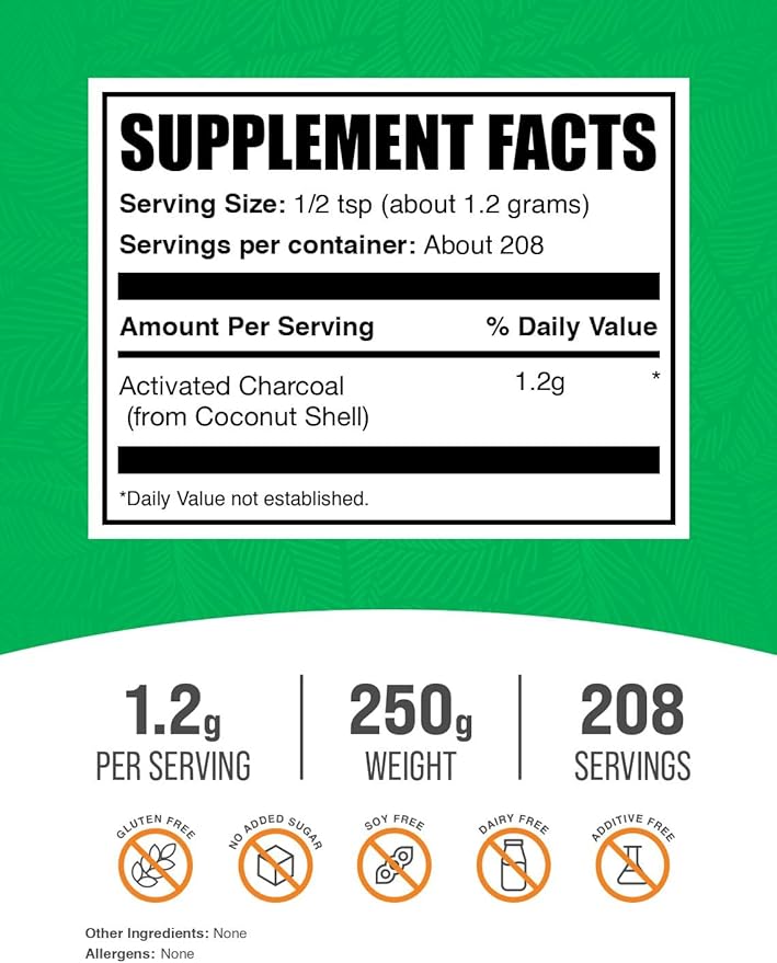 BulkSupplements.com Activated Charcoal Powder - from Coconut Charcoal, for Teeth Whitening - Vegan & Gluten Free, 1.2g per Serving, 250g (8.8 oz) (Pack of 1)