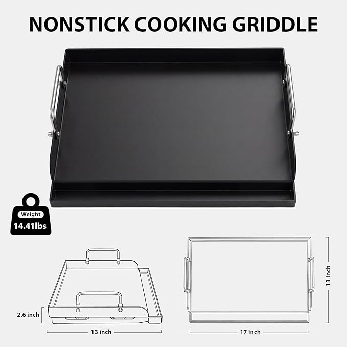 Utheer 17" x 13" Nano-Ceramic Nonstick Griddle for Gas & Charcoal Grills – Universal Flat Top Griddle with Grease Groove/Reinforced Ridges/High Sidewalls, Perfect for Healthy Cooking,Parties & Camping