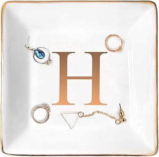 ANOTION Jewelry Tray Ring Dish with Ini-tial Gift- Personalized Trinket Dish and Jewelry Dish with Gold Initials Key Bowl Ceramic Holder, Unique Wedding or Engagement Present