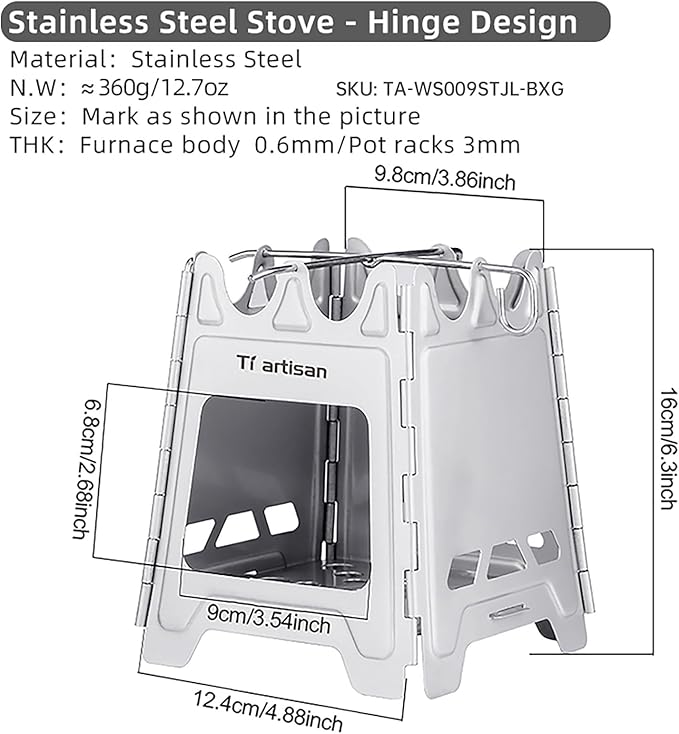 Stainless Steel Wood Burning Stove with Hinge, Folding Portable Wood Alcohol Stove Camping Backpacking Stove for Outdoor Camping Picnic BBQ (Stainless Steel)