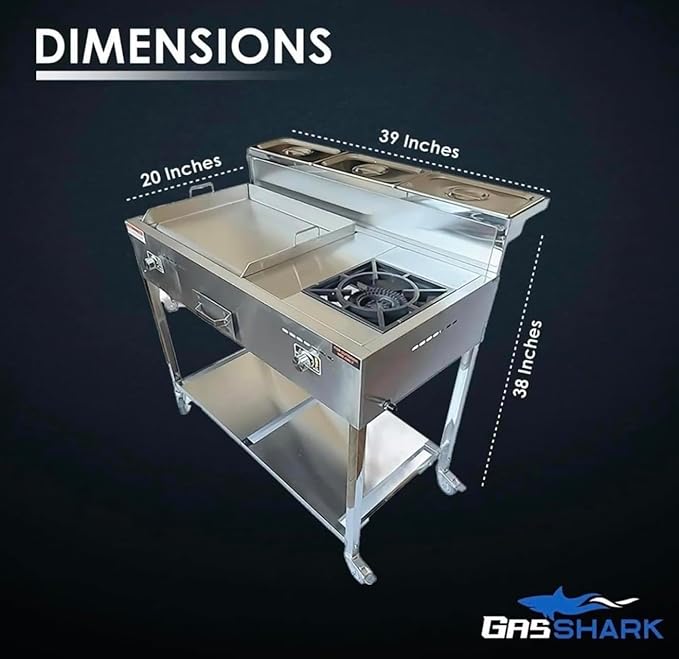 Burner Stove and Flat Top Griddle Cart | 20” Stainless Steel Griddle | 30,000 BTU Cast Iron Burner Stove | Outdoor Propane | Portable 4 Wheel | 3 Condiment Container Pans | Commercial & Home Use