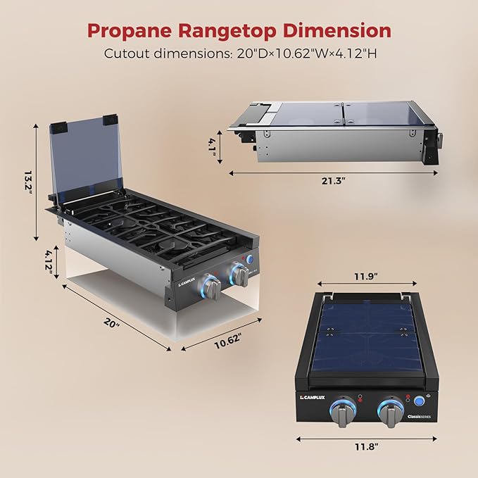 CAMPLUX Classic RV Cooktop 2 Burners Slide-in, Propane Cooktop Stove with Tempered Glass Cover, 12 Inches Propane Rangetop with Blue Indicator Light, 13,000BTU, Black RGH12IB