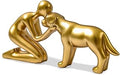 Dog Sculpture Decoration Cute Man and Dog Statue Home Decor for Office、Living Room、Bedroom、Shelf Home， Memory Gifts for Pet Lovers (Golden)