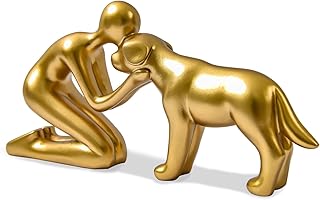 Dog Sculpture Decoration Cute Man and Dog Statue Home Decor for Office、Living Room、Bedroom、Shelf Home， Memory Gifts for Pet Lovers (Golden)