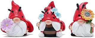 Hodao Spring Ladybug Gnome Decor Set of 3, Resin Floral Figurines for Tiered Tray Shelf Table Display, Cute Farmhouse Home Accent, Year Round Gift for Women, Friends and Family