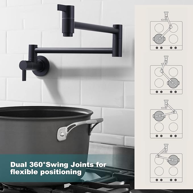 Pot Filler Faucet Matte Black, ARCORA Modern Pot Filler Wall Mount 2 Handle with Double Joint Swing Arms Brass Stove Faucet
