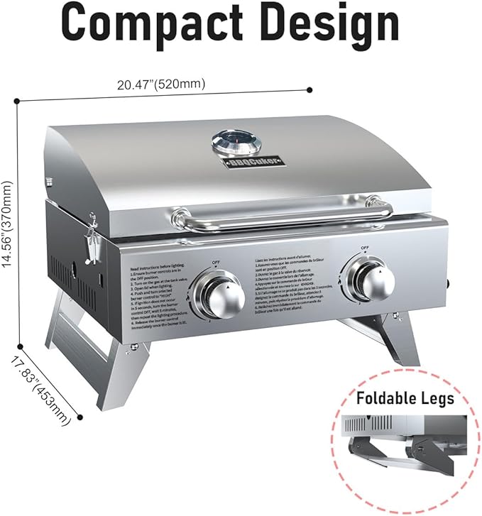 BBQCuker Portable Propane Gas Grill 2-Burner Tabletop with Foldable Legs for Outdoor Camping Cooking Two 10,000 BTU Burners Stainless Steel, and Built-in Thermometer Chef's Style