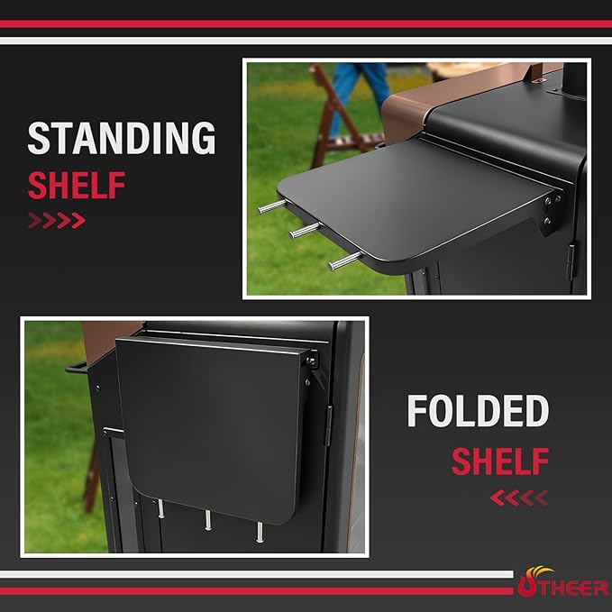 Utheer Folding Front Shelf for Pit Boss 4 Series Vertical Pellet Smoker Onyx PBV4NX, 12.8"x11" Smoker Shelf with 3 Hooks, Space-Saving Grill Prep Table, Pit Boss Vertical Smoker Accessories