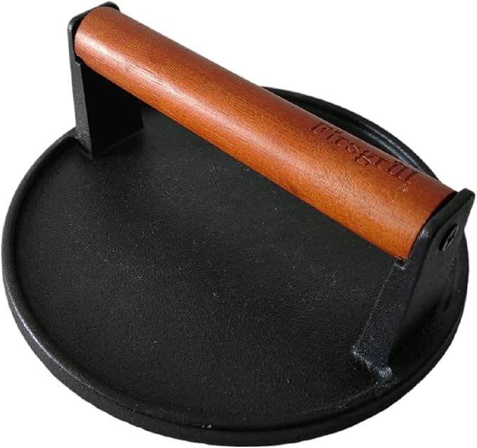 Firsgrill 2-Pack Burger Press 7.08" Round,Heavy-Duty Cast Iron Smash Burger Press Meat Steak with Wood Handle for Blackstone Camp Chef Pitboss Weber Griddle Grills (2 Round)