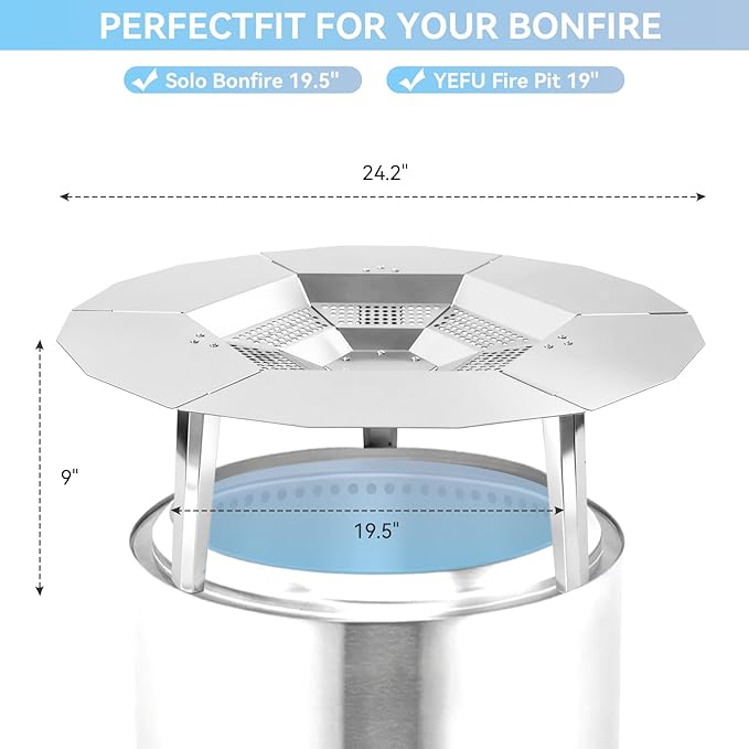 Fire Pit Heat Deflector for Solo Stove Bonfire 19.5", 304 Stainless Steel Portable Heat Diffuser Firepit Captures and Redirects Warmth with Handle & Leg, Detachable Burner Cover Accessories