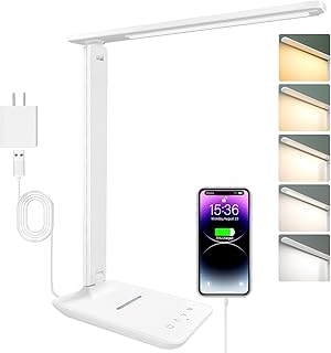 White crown LED Desk Lamp with 15W Wireless Charger & USB Port, Dimmable Table Lamp with 5 Lighting Modes, Sensitive Touch Control, Foldable & Portable Desk Light for Home, Office, Bedroom, Reading