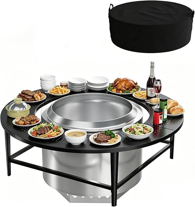 LS'BABQ 40" Fire Pit Surround Tabletop with Waterproof Cover for Solo Stove Bonfire & Ranger, Round Outdoor Fire Pit Table for Most Wood-Burning Stoves Under 22" Dia for Camping, Powder-Coated Steel