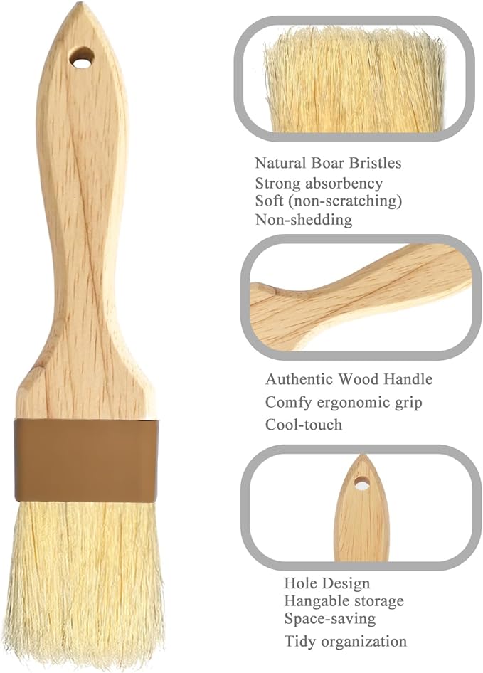 Pastry Basting Brush Natural Bristle - Food Grade Wooden Handle, Heat Resistant 660°F, Non-Shedding & Durable Kitchen Utensils for Cooking, Baking, Butter, BBQ, Oil Sauce & Egg Wash (1", 1.5", 4 Pack)