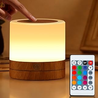 Portable Night Light for Kids, USB Rechargeable Small Desk Lamp,13 RGB Colors & 4 Brightness & 1 Remote, Touch Bedside Table Lamp for Nursery Bedroom Living Room Home (Wood Grain)