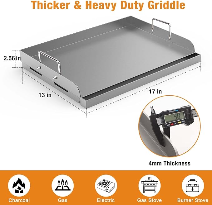 Griddle for Gas Grill, Universal Fry Griddle Flat Top Plate, 17" x13” Metal Cooking Griddle Pan Flat Top Rectangular Plate with Removable Handles for Gas Stove/Charcoal/Gas Grills