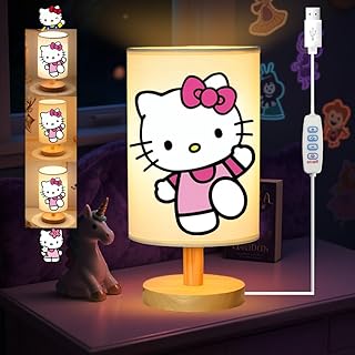 Kitty Bedside Table Lamp for Bedroom Nightstand, Gifts for Girls - 3 Colors Dimmable Night Stand Light Lamp for Kids Room, Wood Base Round Flaxen Fabric Shade Desk Reading Lamp for Living Room Office