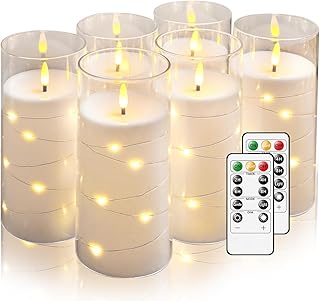 Flickering Flameless Candles with Remote Timer, 6pcs LED Battery Operated Candles with Embedded String Lights White, D3 H6