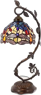 WERFACTORY Tiffany Lamp Stained Glass Table Lamp Blue Yellow Dragonfly Style Desk Light Metal Leaf Base 8X10X21 Inches Decor Small Space Bedroom Home Office S128 Series