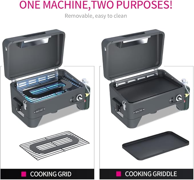 Leconchef 2 in 1 Gas Grill with hood,Portable Griddle Propane for Outdoor,RV,BBQ Camping 16.3 inch,12000 BTU Tabletop and standing