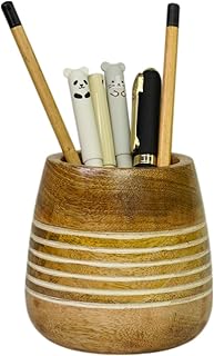 Mie Creations Wooden Pencil Cup Pen Holder for Desk Table | Farmhouse Wood Office Desktop Organizer, Paintbrush Stand, Makeup Brush Holder | Handmade Mothers Day Gifts for Mom- 4'' White Lining Design