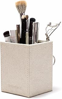 UnionBasic Square Pen Holder, Leather Pencil Cup, Desktop Caddy Stationery Organizer, Beige