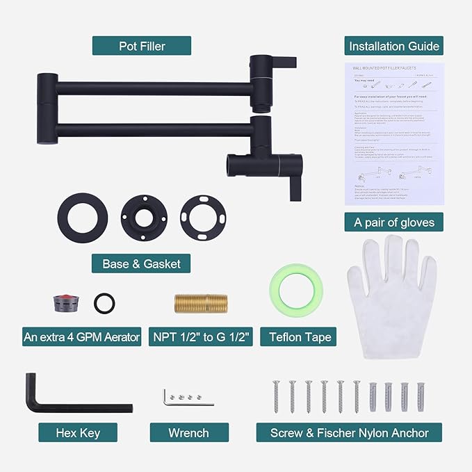 Pot Filler Faucet Matte Black, ARCORA Modern Pot Filler Wall Mount 2 Handle with Double Joint Swing Arms Brass Stove Faucet