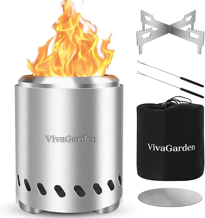 9.7 x 7.1 inch Tabletop FirePit, VivaGarden Portable Fire Pit Outdoor, Wood and Pellets Burning Camping Stove with Carry Bag, Forks, Mat and Pot Stand (Silver)