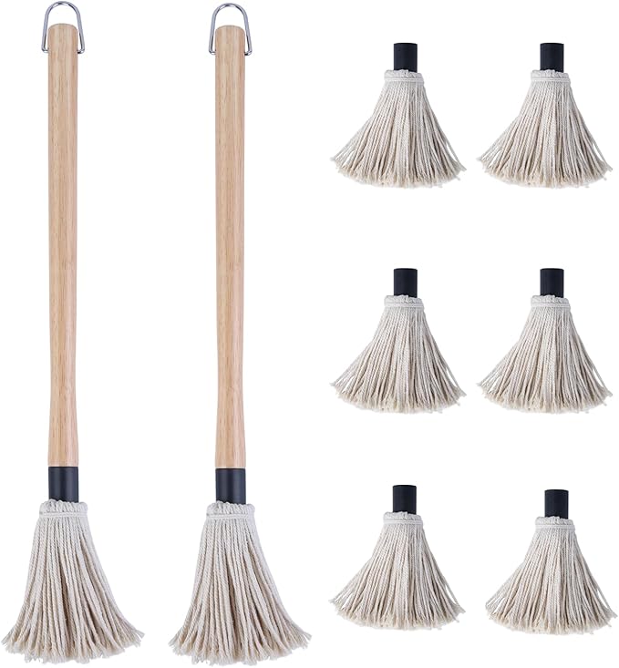 Donxote 18 Inch BBQ Mop Brush Set of 2, with 6 Extra Replacement Heads, Wooden Long Handle Cotton Head Mopping Basting Grill Sauce Perfect for Grilling Smoking Steak Marinade or Glazing
