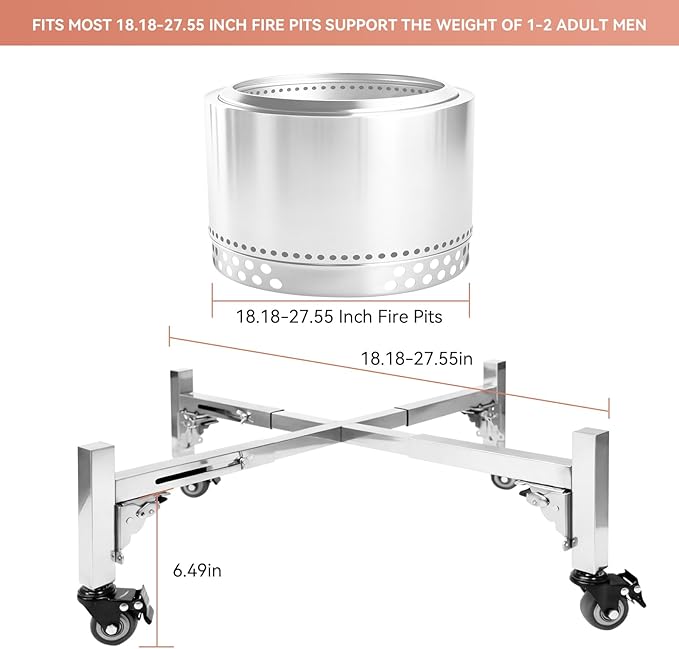 Fire Pit Rolling Stand for Solo Stove Bonfire - 18.18–27.55" Adjustable Fire Pit Stand with Locking Wheels, Stainless Steel Outdoor Fire Pits for Universal Solo Stove Bonfire Ranger and Yukon