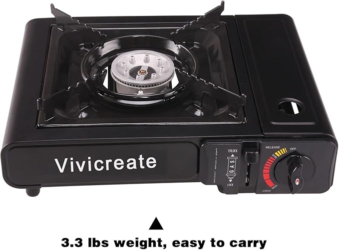 Vivicreate Portable Butane Stove 8500 BTU, Butane Stove with Auto Ignition for Camping, Lightweight Portable Gas Stove Burner with Safety Lock, Butane Burner, Estufa de Gas Portatil(Black)