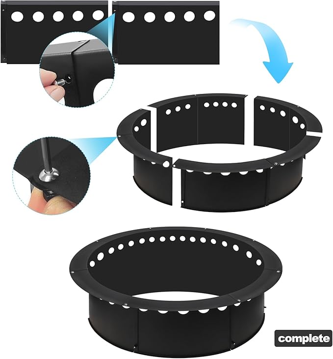 Outdoor Smokeless Fire Pit Ring 34 Inch Outer/30 Inch Inner Diameter, Heavy Duty Metal Round Liner Insert for Outside DIY Campfire or Bonfire Ring, Above or In Ground Use