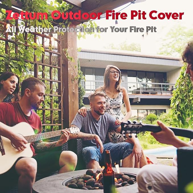 Zettum Fire Pit Cover Round 44 Inch - Outdoor Firepit Cover Heavy Duty & Waterproof, 600D Patio Fire Table Cover Gas Fire Pit Accessories Fade & Weather Resistant - 44 x 44 x 24 Inch