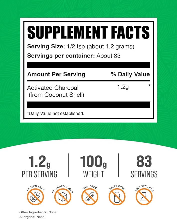 BulkSupplements.com Activated Charcoal Powder - from Coconut Charcoal, for Teeth Whitening - Vegan & Gluten Free, 1.2g per Serving, 100g (3.5 oz) (Pack of 1)